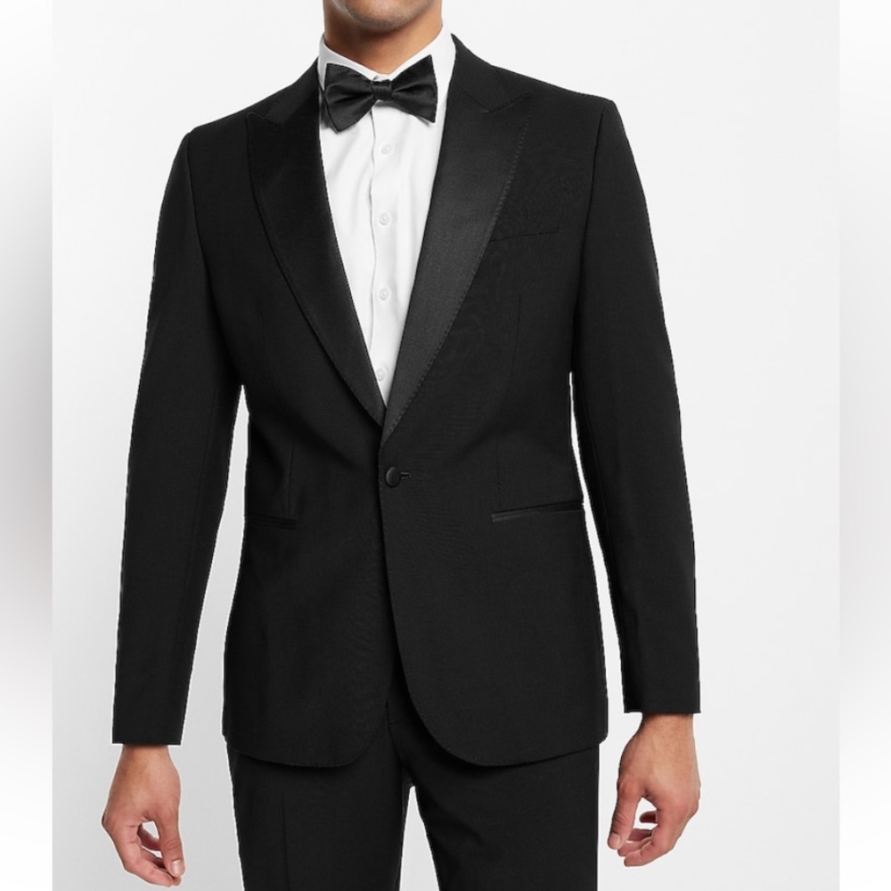 Express Slim Black Performance Stretch Wool-Blend Tuxedo Jacket - NWT